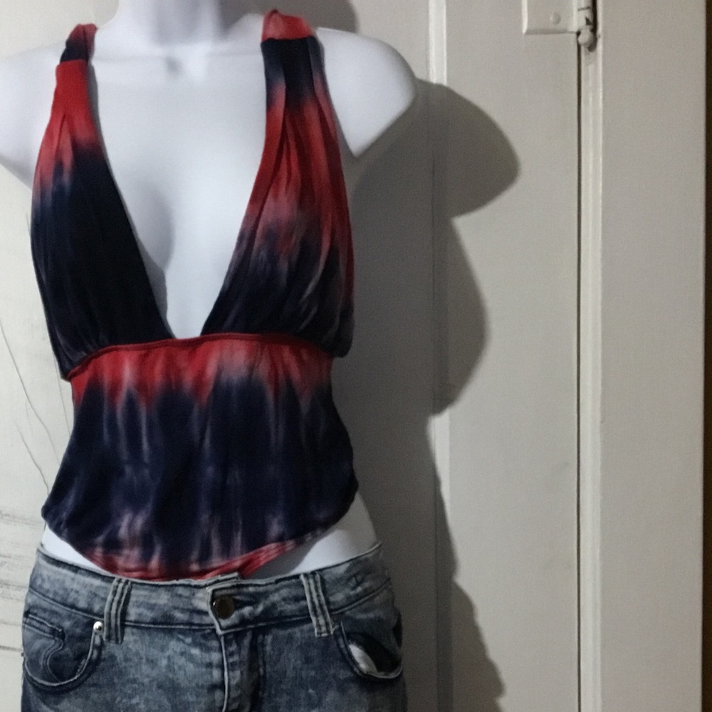 Fashion Nova Blue and Red Tie Dye Bodysuit